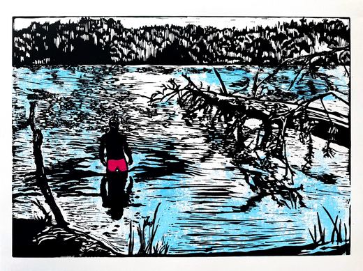 Anne Dreiss, Schwimmen im See, Farblinoldruck, 50 × 65 cm