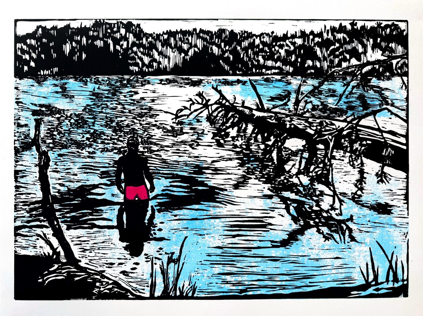 Anne Dreiss, Schwimmen im See, Farblinoldruck, 50 × 65 cm